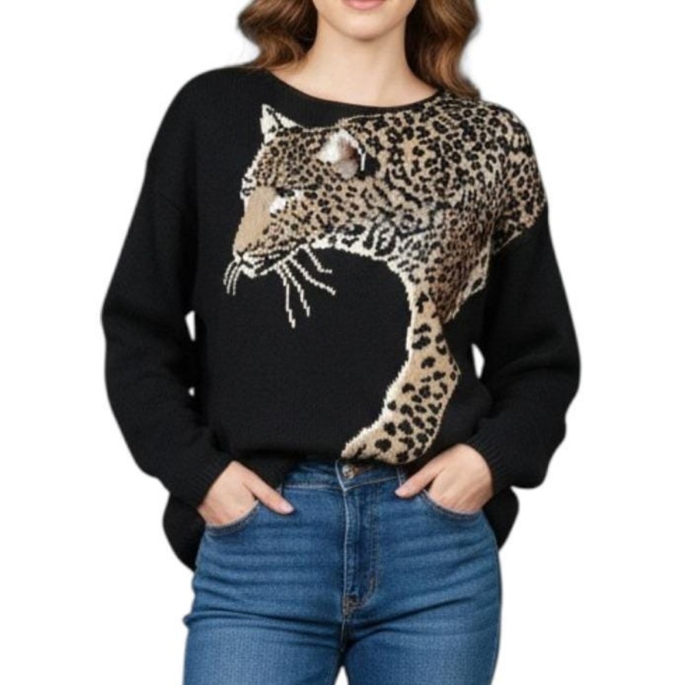 VTG Marisa Christina BLACK SWEATER w/Full Leopard Cat Body Over Shoulder Sz M